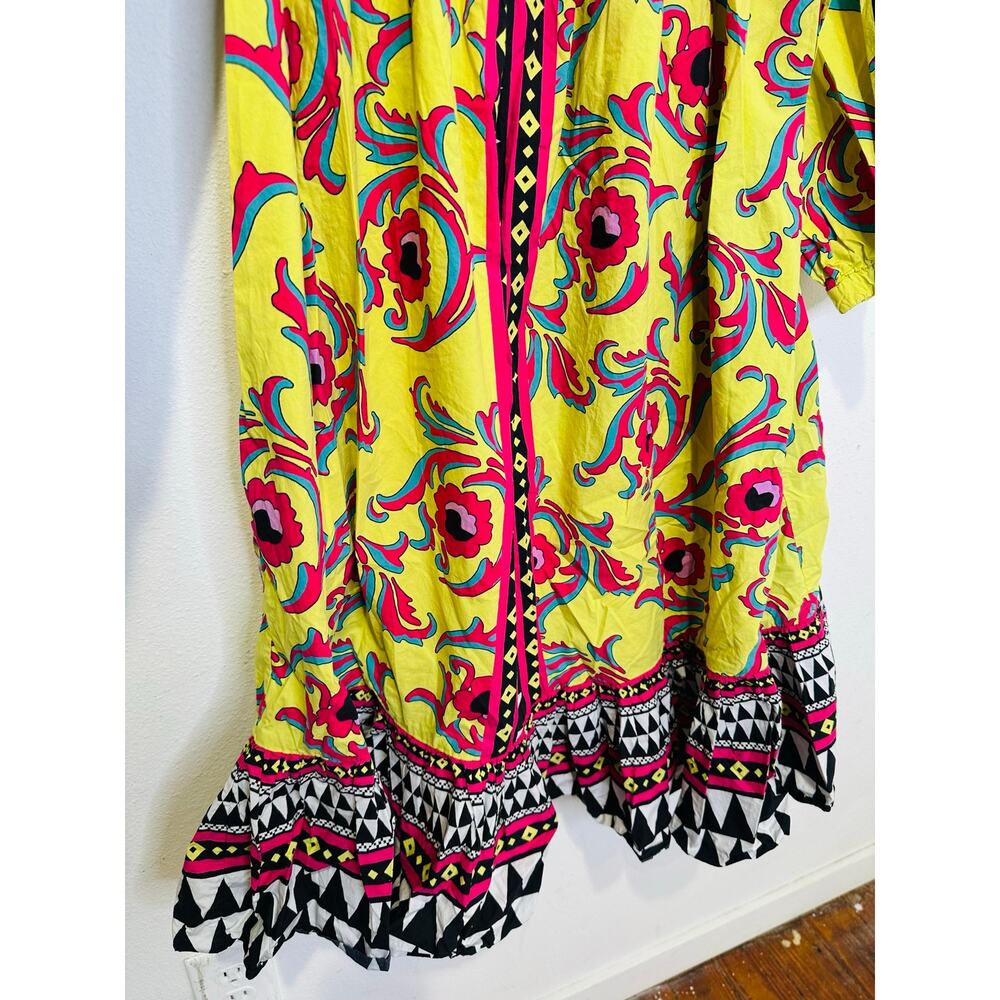 LA DOUBLEJ Yellow Paisley Mod Geo Print Three Quarter Sleeve Off Shoulder Dress - Picture 10 of 16